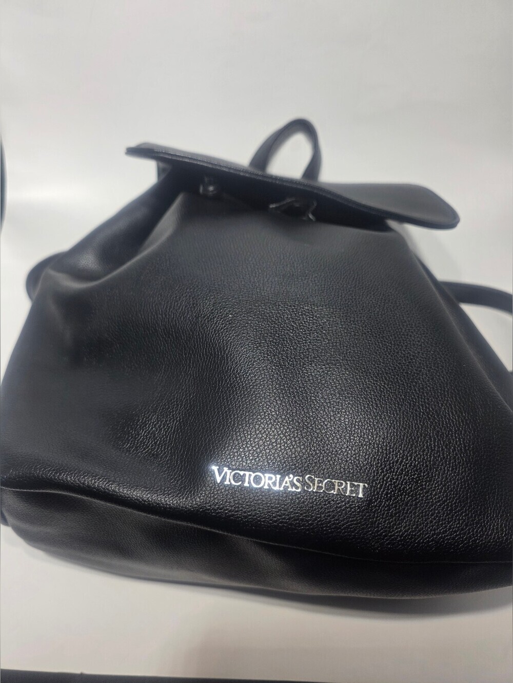 Victoria’s Secret Black Faux Leather Backpack Drawstring Bag Silver  Logo - Picture 5 of 8